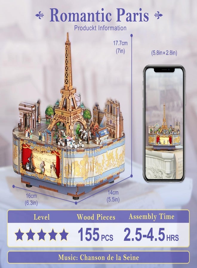 Tonecheer Wooden Music Box Puzzle for Adults, DIY Rotating Music Box Kit 3D Creative Musical Puzzle Crafts Model Building Kits Desk Decor Birthday (Romantic Paris) - Image 2